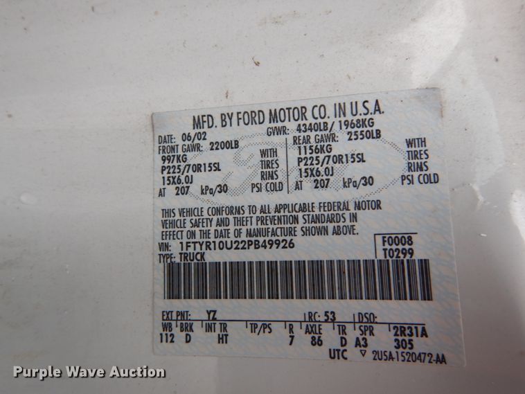 image for item GR9805 2002 Ford Ranger  dump bed pickup truck