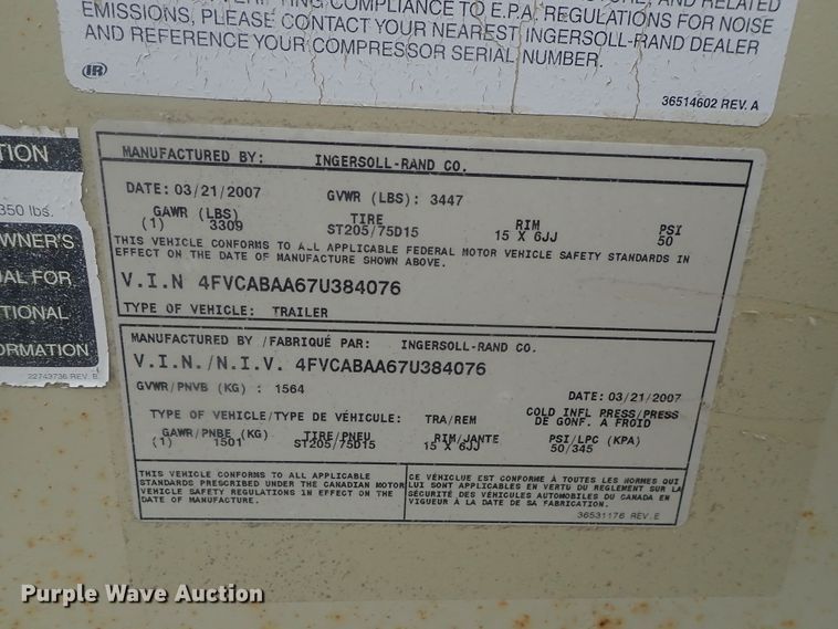 image for item DE0698 2007 Ingersoll Rand XP185  air compressor