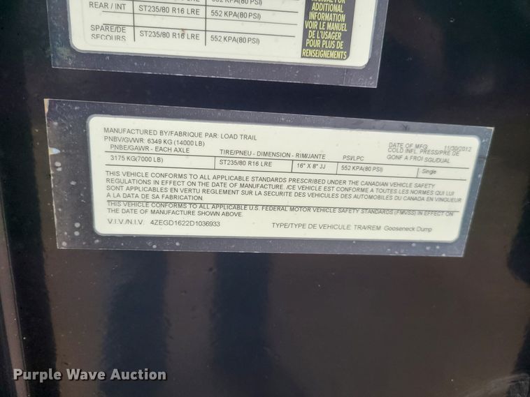 image for item EL9938 2013 Load Trail dump trailer