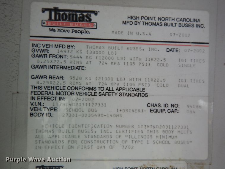 image for item DH6645 2003 Thomas Built Saf-T-Liner  school bus