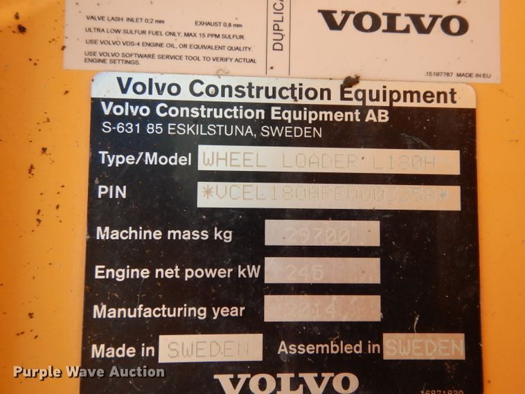 image for item DJ6553 2014 Volvo L180H  wheel loader