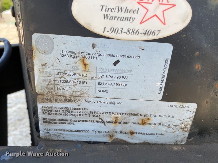 image for item HE9764 2012 Maxey dump trailer