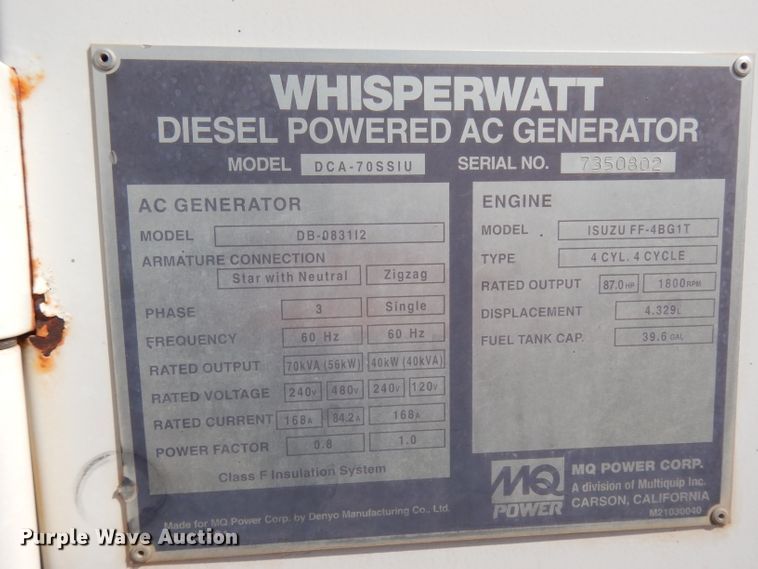 image for item DJ1018 Whisperwatt DCA-70SSIU  generator