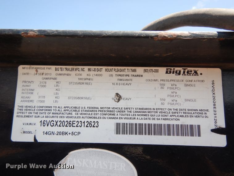 image for item DJ1028 2014 Big Tex 14GN equipment trailer