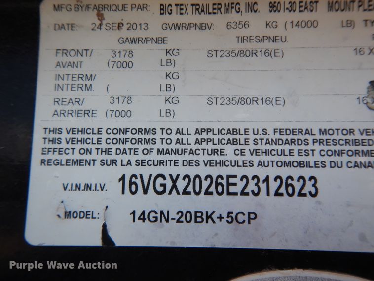 image for item DJ1028 2014 Big Tex 14GN equipment trailer