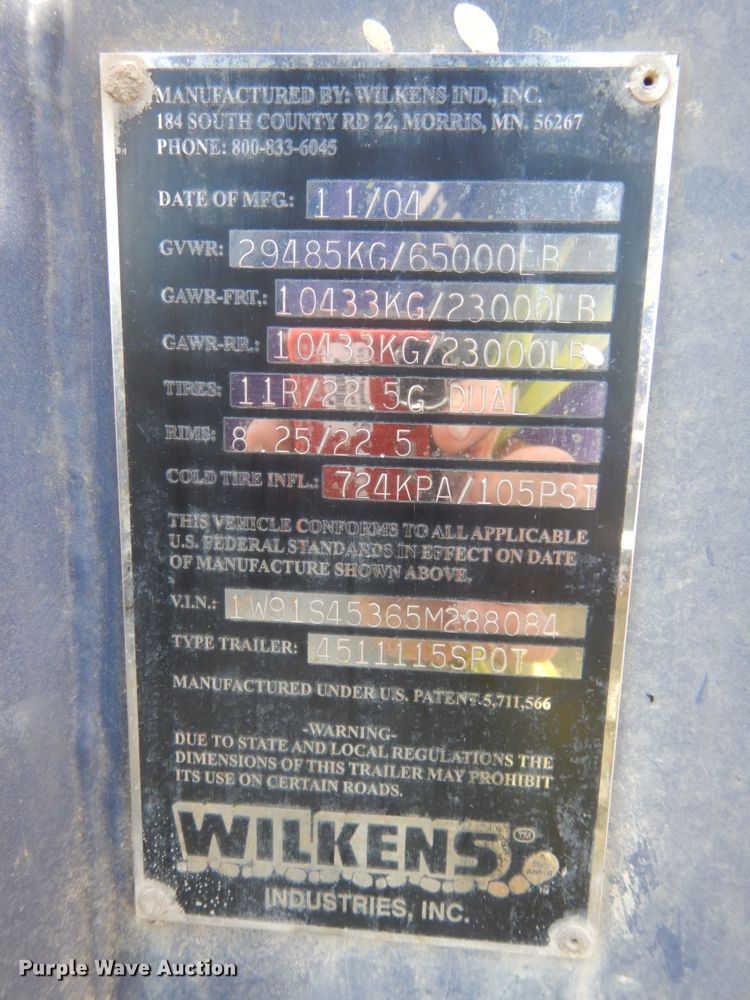 image for item DH6615 2005 Wilkins 4511115SPOT live bottom trailer