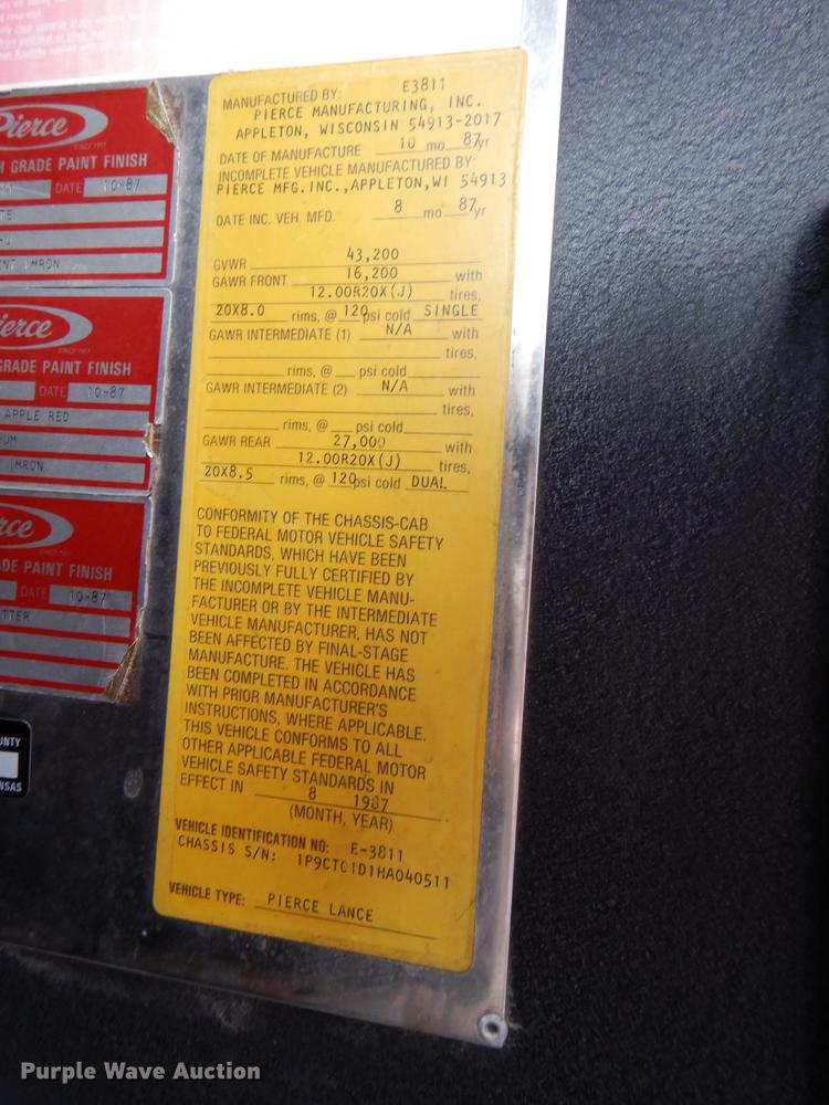 image for item DJ6807 1987 Pierce Lance  fire truck