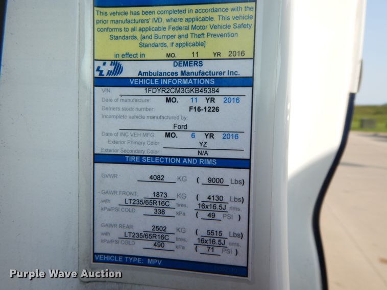 image for item HJ9694 2016 Ford Transit 250  ambulance