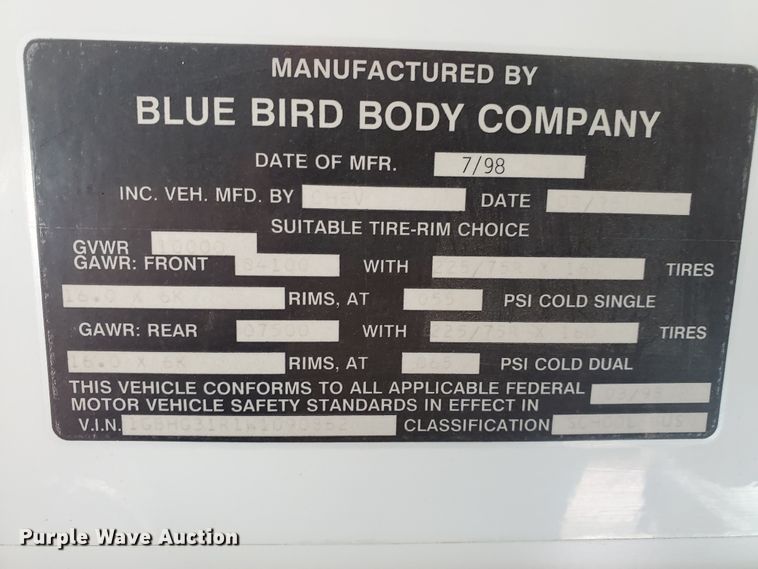 image for item HO9539 1998 Chevrolet Blue Bird  school bus