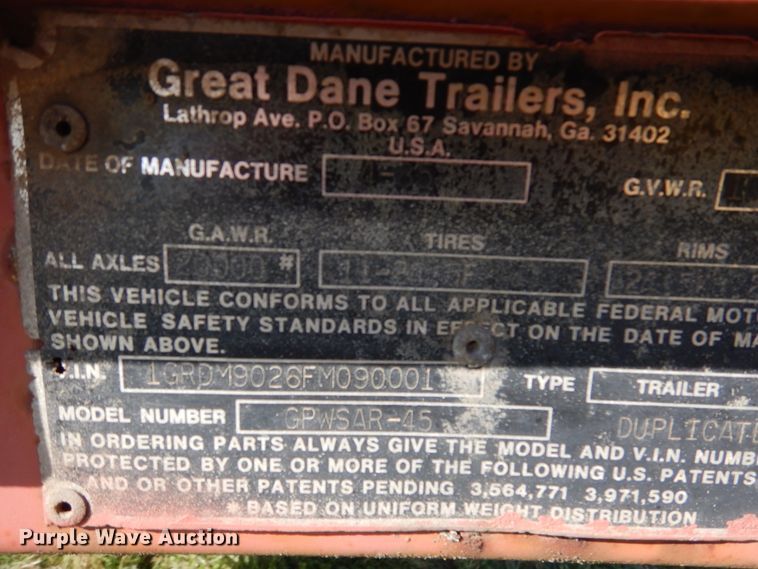 image for item AF9965 1985 Great Dane GPWSAR45 flatbed trailer