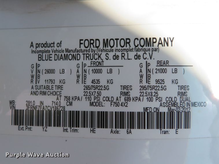 image for item DH1232 2012 Ford F750 Super Duty XL  box truck
