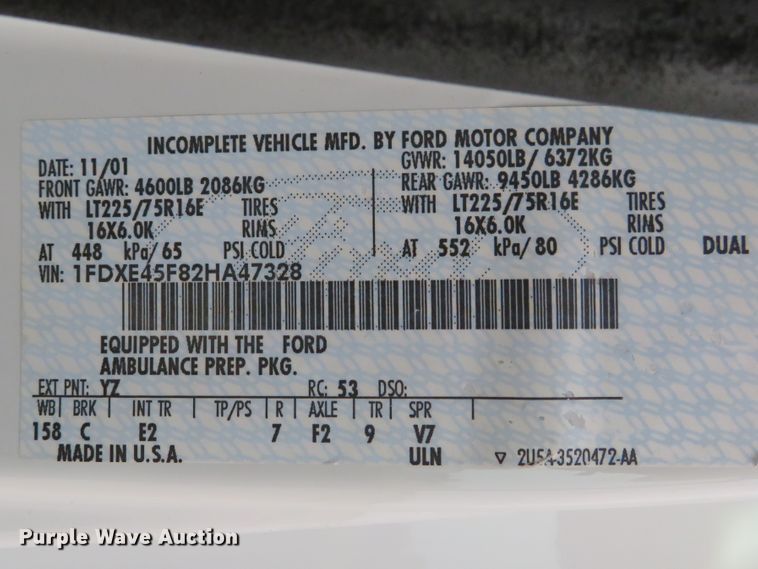 image for item DH1228 2002 Ford Econoline E450 Super Duty  ambulance