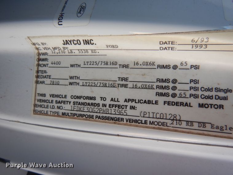 image for item DJ6820 1993 Ford Econoline E350  Jayco Eagle RV
