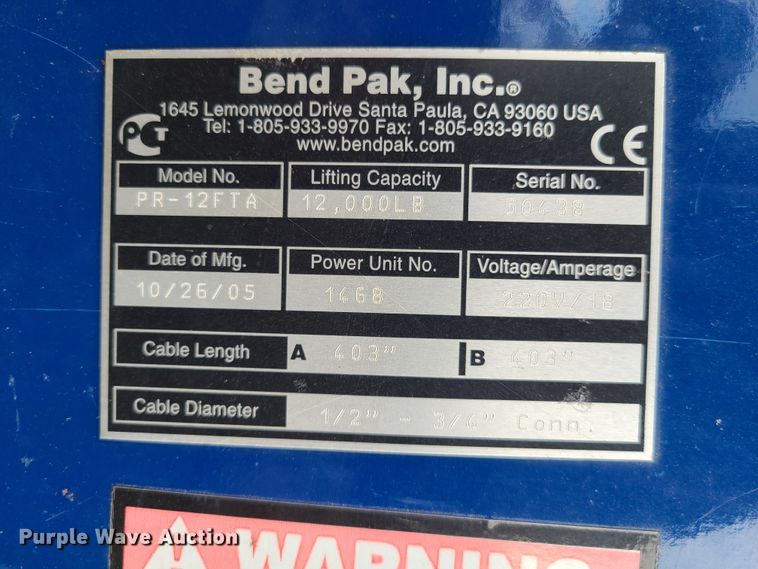 image for item DY9935 Bend Pak PR-12FTA two post automotive lift