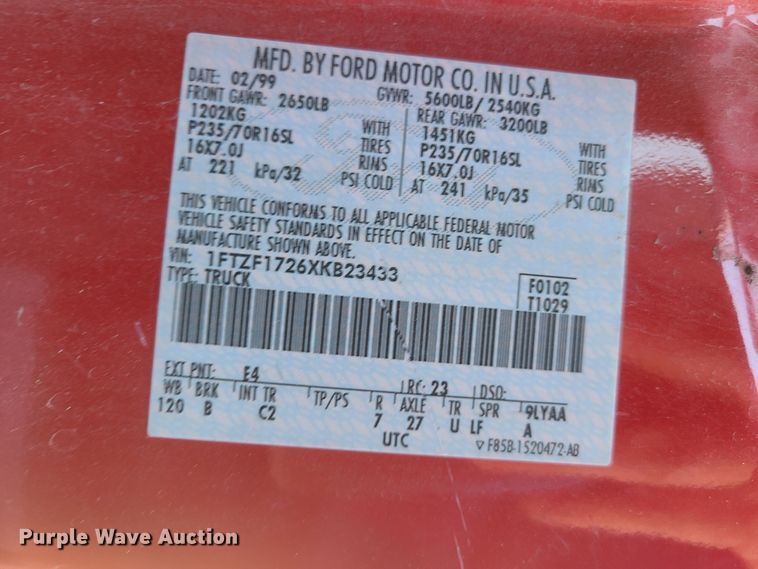 image for item DY9957 1999 Ford F150  pickup truck