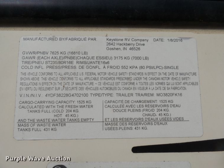 image for item EF9648 2016 Keystone Montana 3820FK  camper