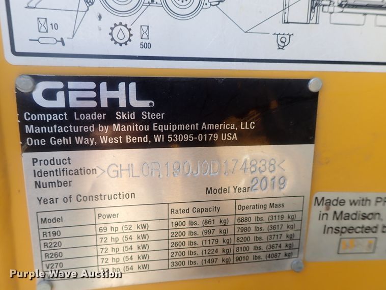 image for item DE0820 2019 Gehl R190  skid steer loader