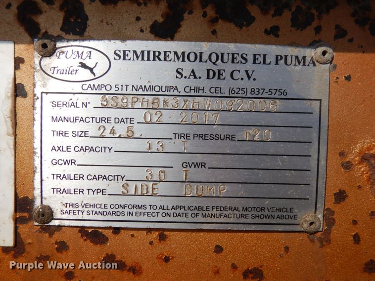 image for item DH6650 2017 Puma side dump trailer