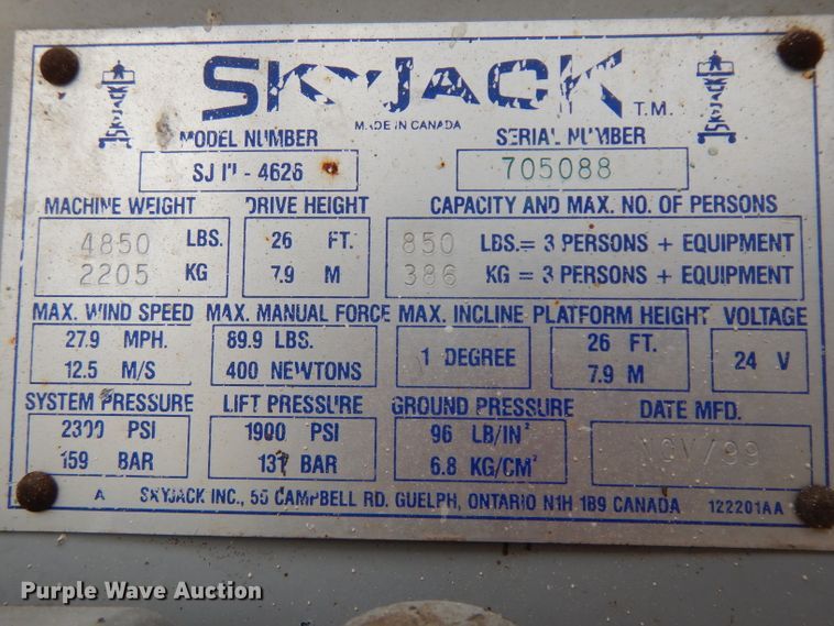 image for item HV9799 1999 Skyjack 4626  scissor lift