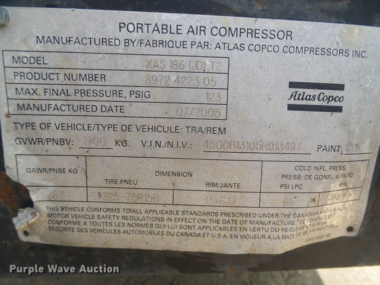 image for item DF5738 2005 Atlas Copco XAS186  air compressor
