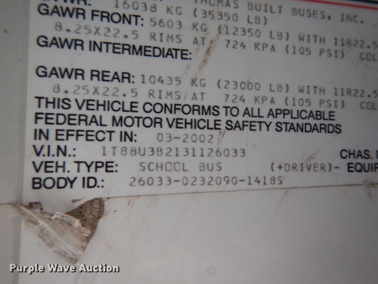 image for item FK9326 2003 Thomas Built Saf-T-Liner MVP EF  school bus