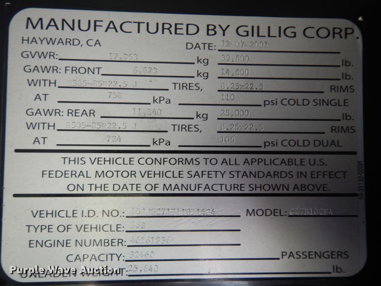 image for item HN9384 2001 Gillig G27B102N4  shuttle bus