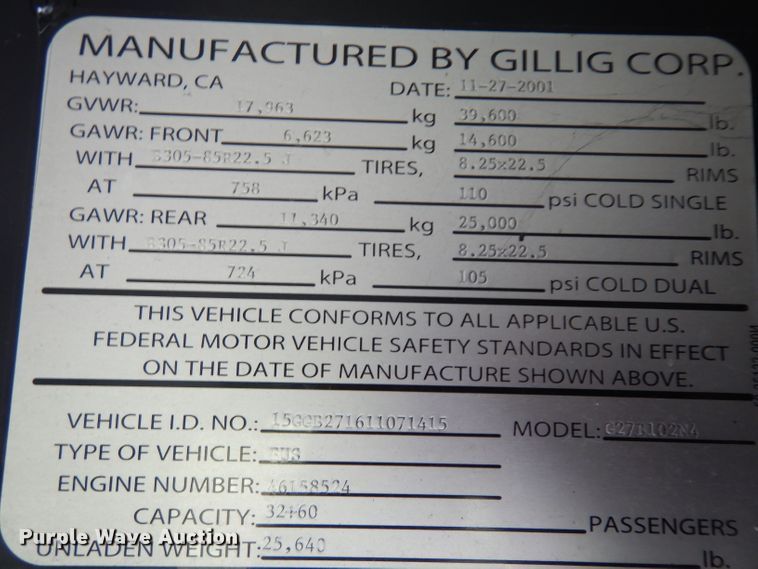 image for item HN9385 2001 Gillig G27B102N4  shuttle bus