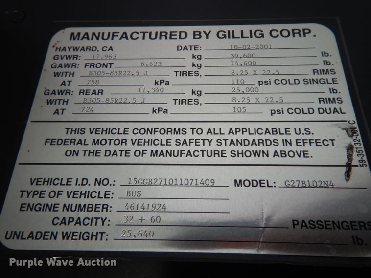 image for item HN9386 2001 Gillig G27B102N4  shuttle bus