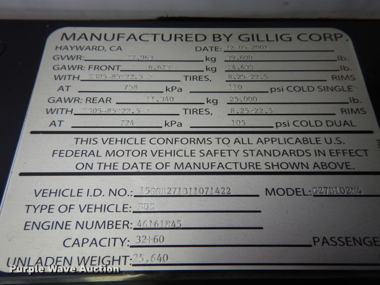 image for item HN9388 2001 Gillig G27B102N4  shuttle bus