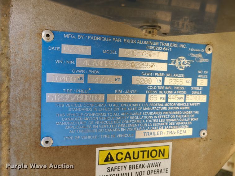 image for item DY9959 2003 Exiss GNC-720-T horse trailer