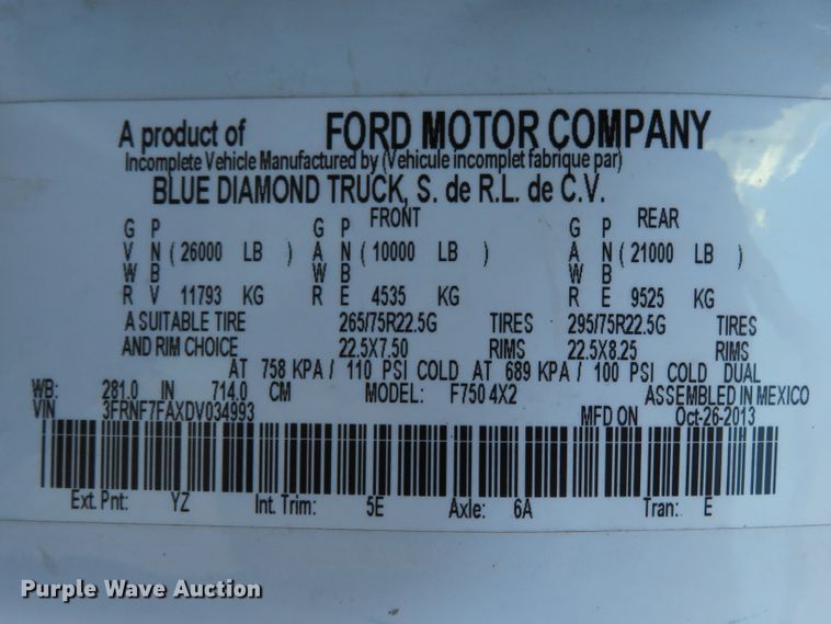 image for item DH1244 2013 Ford F750 Super Duty XL  box truck