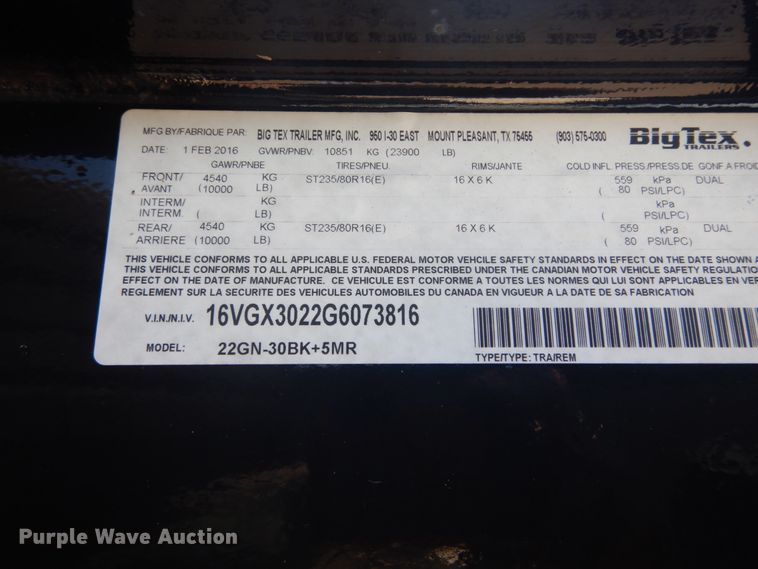 image for item DH5210 2016 Big Tex equipment trailer