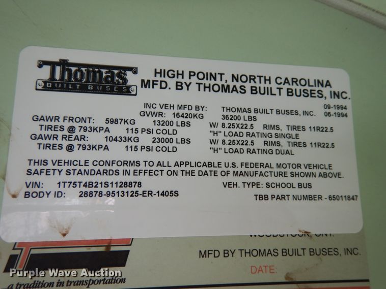 image for item DH6644 1995 Thomas Built Saf-T-Liner  school bus