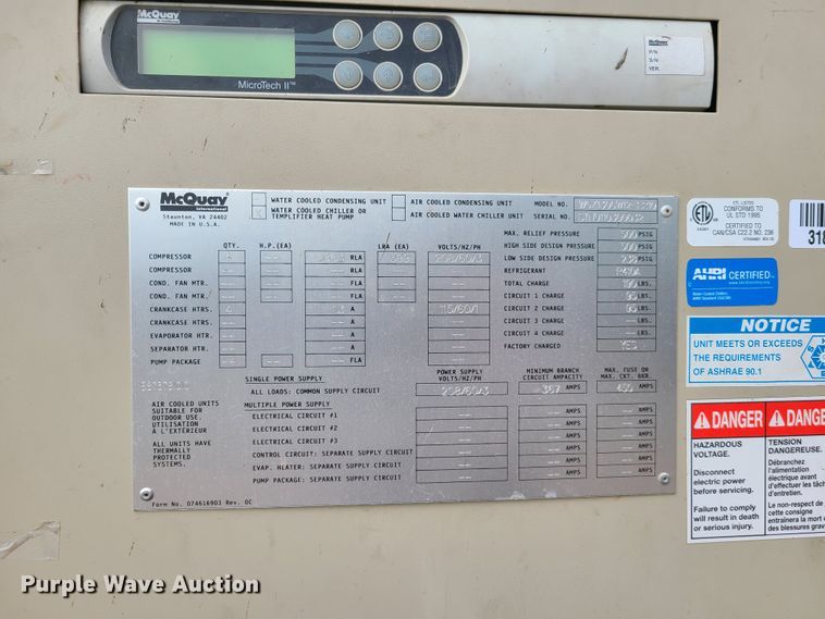 image for item GB9017 Mcquay WGZ10CW12-ER10 water cooled chiller