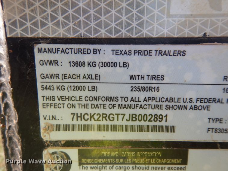 image for item HN9360 2018 Texas Pride equipment trailer