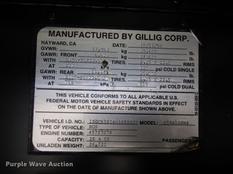 image for item DJ6926 1998 Gillig C18A102N4  shuttle bus