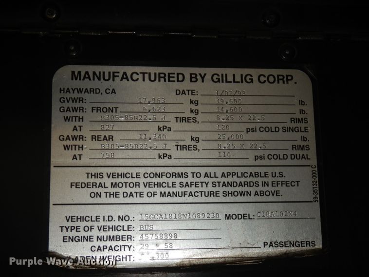 image for item DJ6927 1998 Gillig C18A102N4  shuttle bus