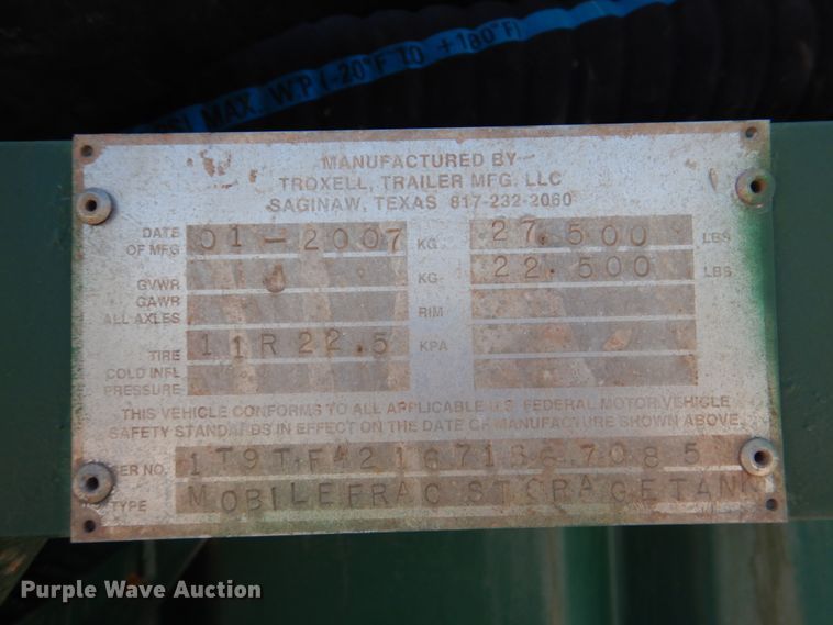 image for item DJ1772 2007 Troxell 500BBL frac tank trailer