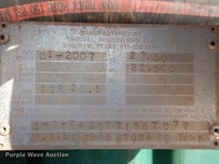image for item DJ1779 2007 Troxell 500BBL frac tank trailer