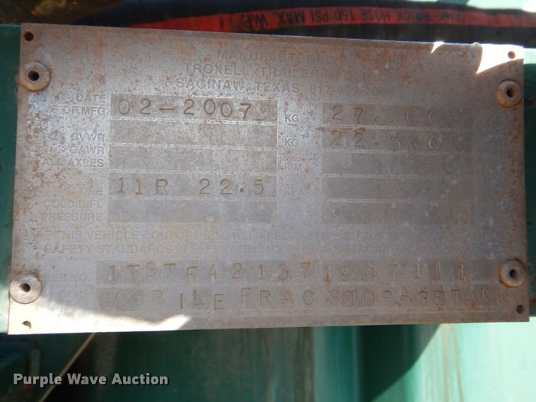 image for item DJ1783 2007 Troxell 500BBL frac tank trailer