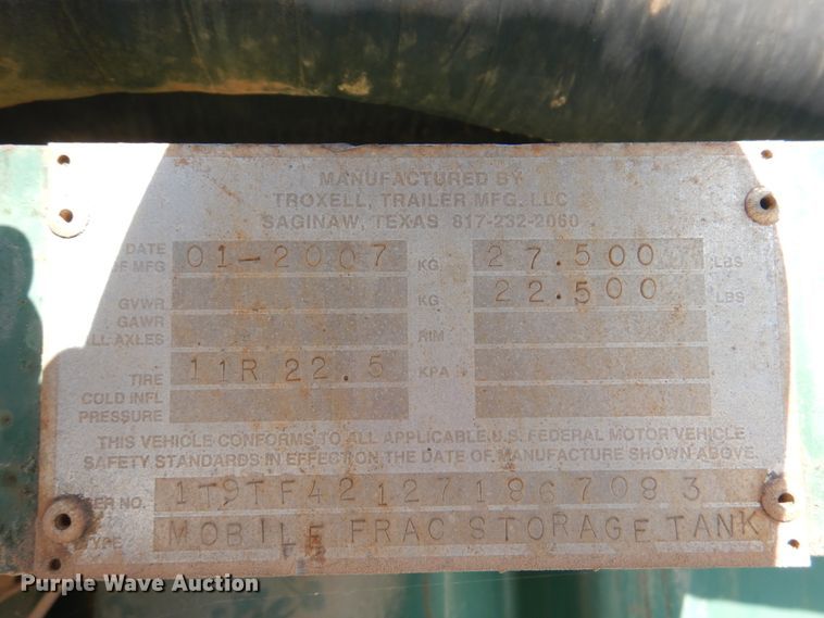 image for item DJ1788 2007 Troxell 500BBL frac tank trailer