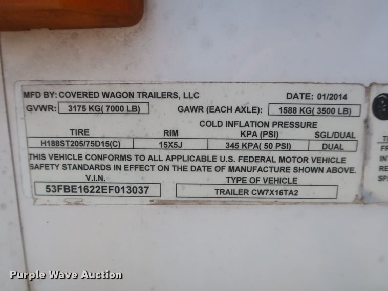 image for item DJ1814 2014 Covered Wagon CW7X116TA2 enclosed cargo trailer
