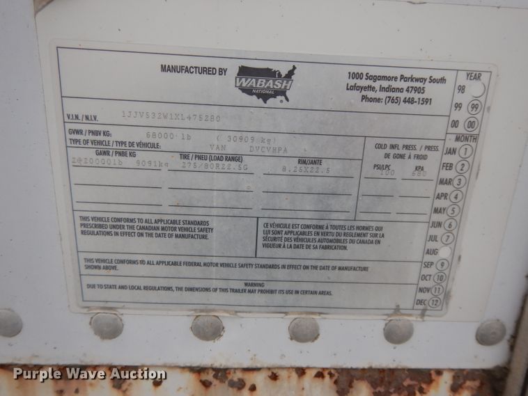 image for item DH3280 1999 Wabash DVCVHPA dry van trailer