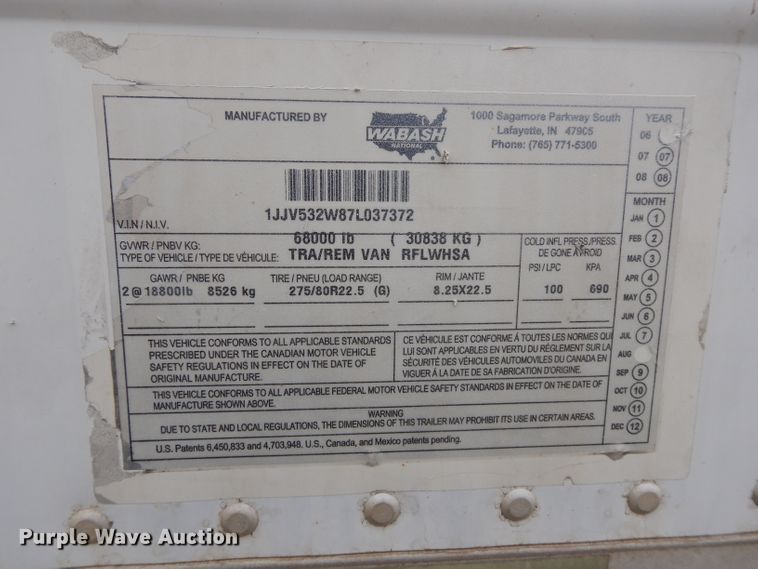 image for item DH3284 2007 Wabash REMVANRFLWHSA refrigerated dry van trailer