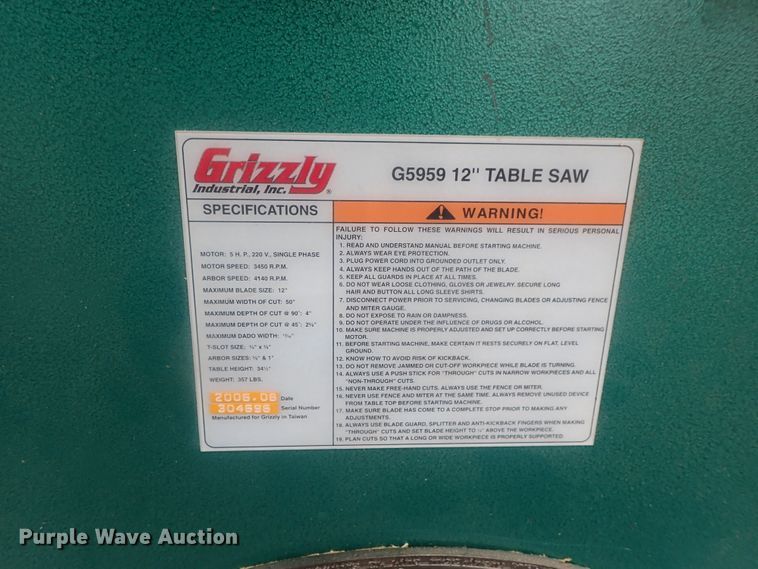 image for item GX9629 Grizzly G5959 12" table saw