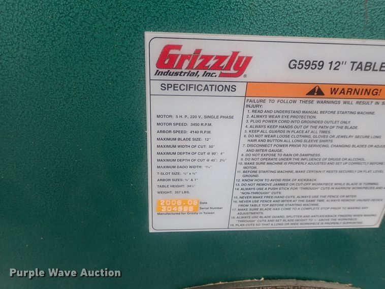 image for item GX9629 Grizzly G5959 12" table saw