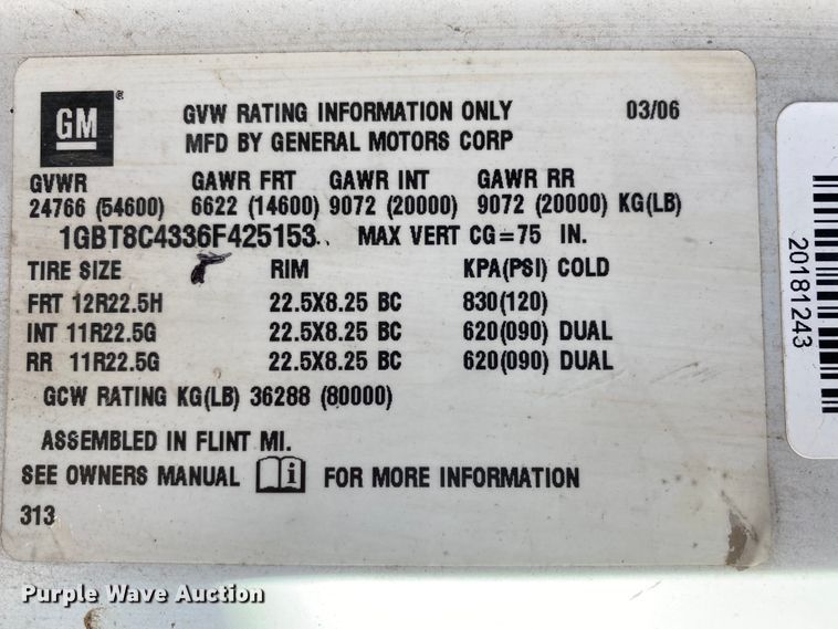 image for item HA9699 2006 Chevrolet C8500 dump truck