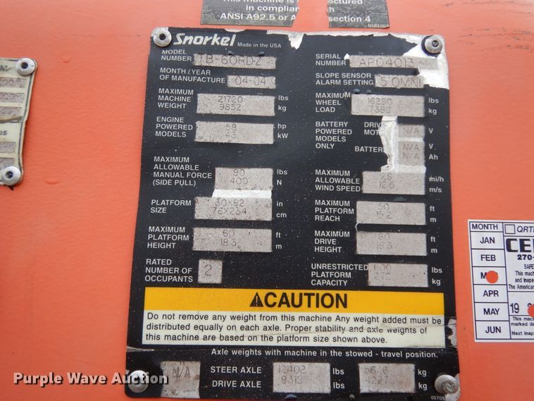 image for item DJ6672 2004 Snorkel TB60RDZ  boom lift