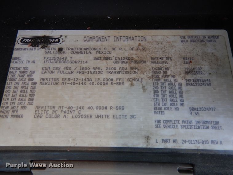 image for item DJ5818 2012 Freightliner Cascadia 125  semi truck