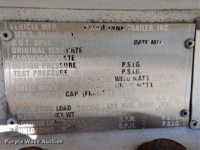 image for item DJ8520 1993 Polar Tank Trailers Inc tank trailer